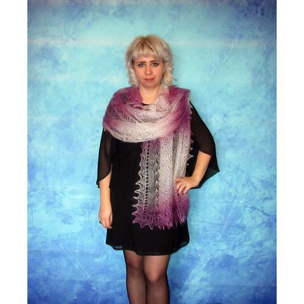 Hand knit purple scarf, Warm Russian Orenburg shawl, Wool wrap, Goat down stole, Lace cover up, Kerchief, Headscarf, Cape.JPG