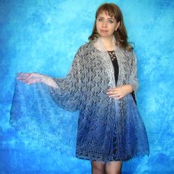 Blue knitted scarf, Warm Russian Orenburg shawl, Wool wrap, Goat down stole, Bridal cover up, Kerchief, Pashmina, Cape