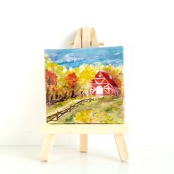 Autumn old Farm Red Forest Road Mini Tiny Acrylic Painting on Canvas Colorful Miniature Brightly Work Original