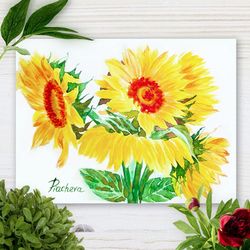 yellow sunflowers, watercolor original, flower, floral gift