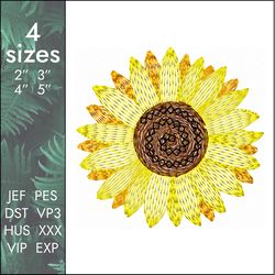 Sunflower Embroidery Design, beautiful summer sunny flower with seeds, 4 sizes, Instant Download