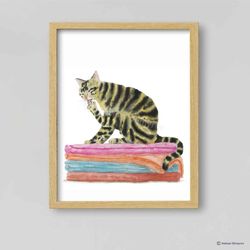 Bathroom Tabby Cat Art Print, Cat Decor, Watercolor Painting, Bathroom Art, Cat Lover Gift