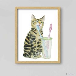 Bathroom Tabby Cat Art Print, Cat Decor, Watercolor Painting, Bathroom Art, Cat Lover Gift