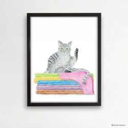 Bathroom Gray Tabby Cat Art Print, Cat Decor, Watercolor Painting, Bathroom Art, Cat Lover Gift