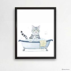 Bathroom Gray Tabby Cat Art Print, Cat Decor, Watercolor Painting, Bathroom Art, Cat Lover Gift