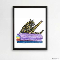 Bathroom Tortoiseshell Cat Art Print, Cat Decor, Watercolor Painting, Bathroom Art, Cat Lover Gift