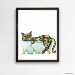 Bathroom Tortoiseshell Cat Art Print, Cat Decor, Watercolor Painting, Bathroom Art, Cat Lover Gift