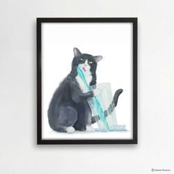 Bathroom Tuxedo Cat Art Print, Cat Decor, Watercolor Painting, Bathroom Art, Cat Lover Gift