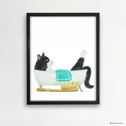 Bathroom Tuxedo Cat Art Print, Cat Decor, Watercolor Painting, Bathroom Art, Cat Lover Gift