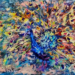bright bird peacock abstract art original impasto oil painting artist svinar oksana
