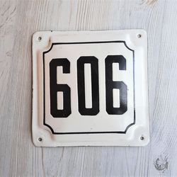 Street address number plaque 606 - vintage Soviet white black house number plate