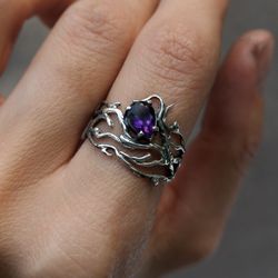 custom order amethyst ring, sterling silver ring, nature ring, elven ring woodstyle ring