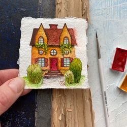 Mini house painting Original art Tiny watercolor Small gift by Rubinova