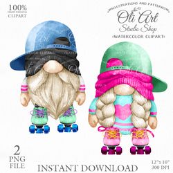Roller skates Gnome Clip Art. Cute Characters, Hand Drawn graphics. Digital Download. OliArtStudioShop