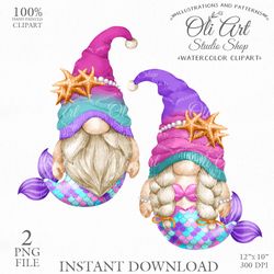 Mermaid Gnome Clip Art. Cute Characters, Hand Drawn graphics. Digital Download. OliArtStudioShop