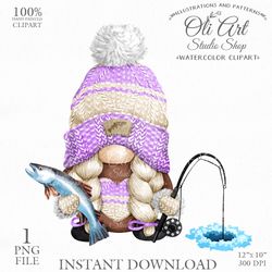 Ice Fishing Gnome Clip Art. Cute Characters, Hand Drawn graphics. Digital Download. OliArtStudioShop