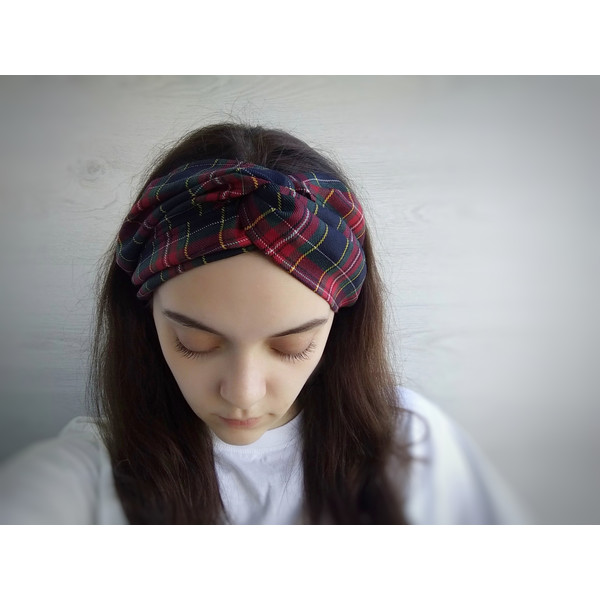 knotted headband made of check fabric, turban twist scottish tartan, nova check.