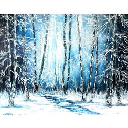 Snow Scene Painting Winter Original Artwork 16x20 inch by Oksana Stepanova