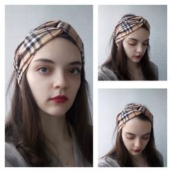 Knotted headband, turban twist boho. A wide headband made of check fabric for women. Gift for women. Plaid headband.