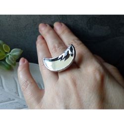 Mirror crescent ring, moon ring, stained glass ring, protection ring, Halloween ring, witchy aesthetic, soldered ring