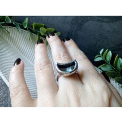 Mirror crescent ring, moon ring, stained glass ring, protection ring, Halloween ring, witchy aesthetic, soldered ring