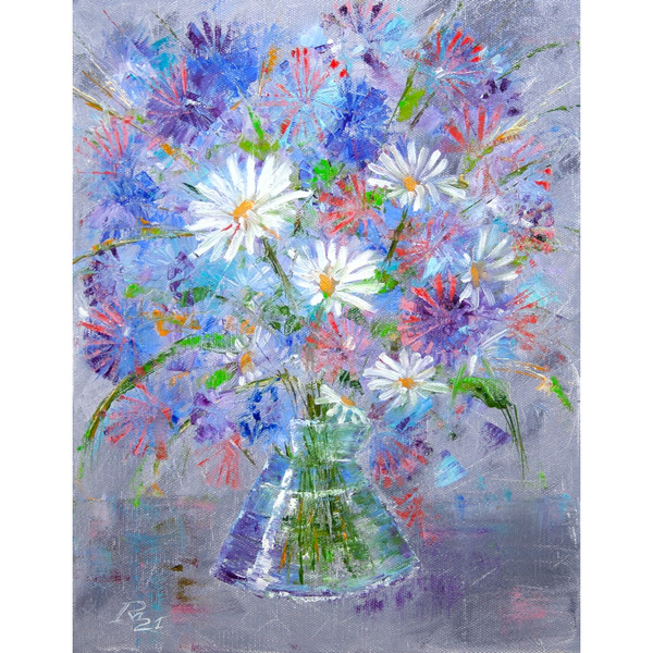 Bouquet-of-wild-flowers-green-flowers-interior-painting-Flowers-on-canvas-Oil-Paintings-Modern-paintings-Fine-Art-Paintings-present-vivid-picture-Chamomile-Gray