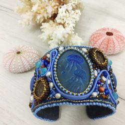Medusa cuff, embroidered bracelet, jewelry sea, hand painted stone bracelet, art jewelry, blue statement cuff, BaoshiBea