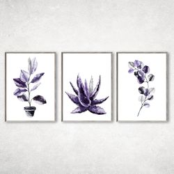 Set of 3 Purple Botanical Prints, Watercolor decor living room, Botanical Plant Wall Art Digital Download