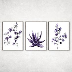 Set of 3 Botanical Prints, Set of 3 Wall Art, Botanical Leaf Wall Art, Purple Botanical Prints, Purple Wall Decor