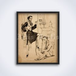 Smoking woman, boot worship, foot fetish illustration, vintage printable art, print, poster (Digital Download)