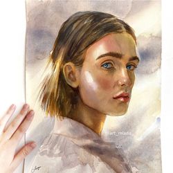 Original watercolor painting Beautiful woman Blue eyes Hypnotic art Wall art decor Female portrait Sunshine painting