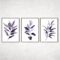 Watercolor Minimalist Leaves Wall Art Print - Living Room or Bedroom Decor, Set of 6 Violet Botanical Prints
