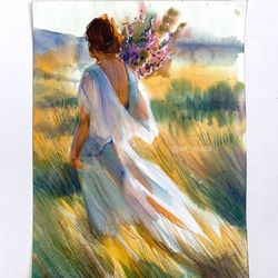 Original watercolor painting Provence Beautiful woman in the garden Wall art decor Sunshine painting