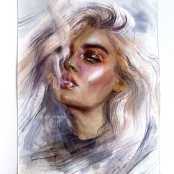 Girl with cigarette Original watercolor painting Wall art decor Deserve Female painting