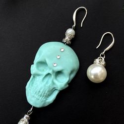 Asymmetrical Hanging Blue Skull Earrings