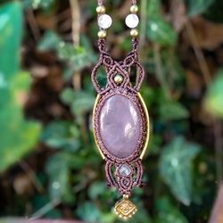 rose quartz micromacrame necklace, boho jewelry, macrame jewelry