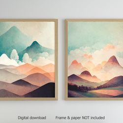 Boho set of 2 paints, DIGITAL print, watercolor landscape, bohemian pale colors art, mountains, beautiful sky, colorful