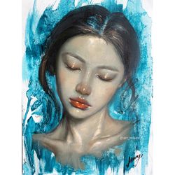 Original small oil painting Blue painting Asian beautiful girl Wall art decor Female painting