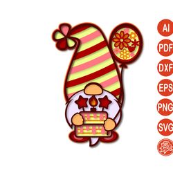 layered birthday gnome mandala with cake and balloon dxf, gnome files for cricut