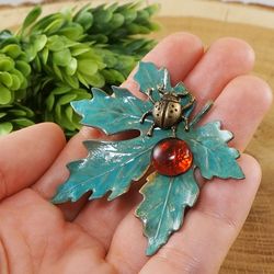 Green Maple Leaf Brooch Pin Woodland Forest Nature Botanical Large Green Red Ladybug Ladybird Brooch Pin Jewelry 7701