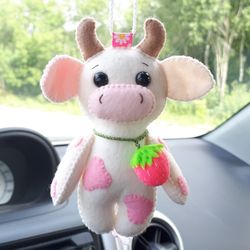 Strawberry cow, Cow plushie, Car accessories for teens, Car mirror hanging accessories, Cow ornament, Kawaii plush