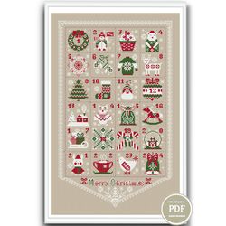 Christmas Advent Calendar Cross Stitch Pattern PDF Merry Christmas Sampler 136