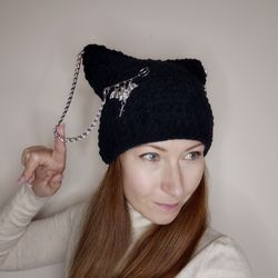 Black cat ear beanie crochet Gothic hat with cat ears Halloween hat with ears