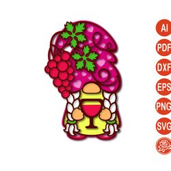 layered  fall gnome with wine mandala svg, gnome cutting for cricut