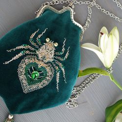 Silver Spider with Grean Heart Handmade Velvet Phone Bag