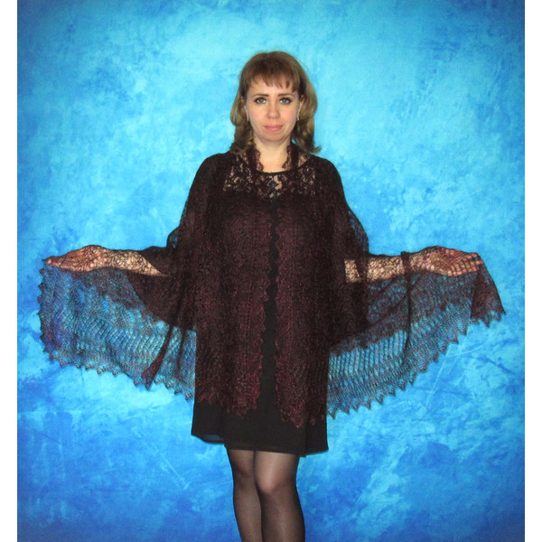 Hand knit dark burgundy scarf, Handmade Russian Orenburg shawl, Goat wool wrap, Warm bridal cover up, Lace pashmina, Kerchief, Stole, Cape 2.JPG
