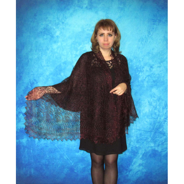 Hand knit dark burgundy scarf, Handmade Russian Orenburg shawl, Goat wool wrap, Warm bridal cover up, Lace pashmina, Kerchief, Stole, Cape 3.JPG