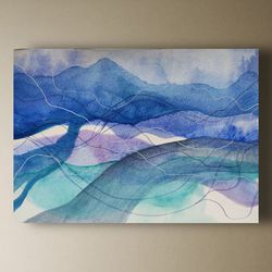 Absract painting original watercolor art  blue waves bright painting