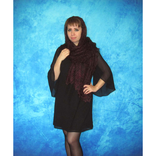 Hand knit dark burgundy scarf, Handmade Russian Orenburg shawl, Goat wool wrap, Warm bridal cover up, Lace pashmina, Kerchief, Stole, Cape 6.JPG