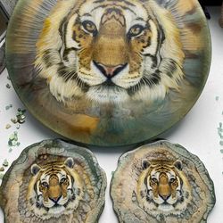 Serving set with tigers handmade from epoxy resin (3 items)